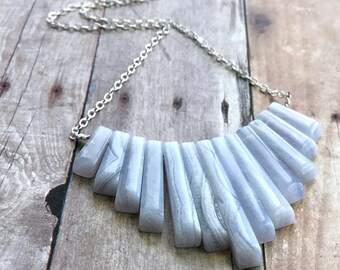 Blue Lace Agate Necklace, Blue Statement Neclace, Natural Stone Jewelry, Long Sterling Silver Chain Bib Fan Necklace