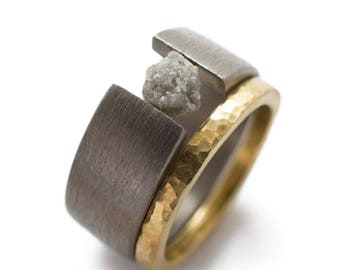 Unique Engagement Ring - Raw Diamond Tension Set In Titanium. raw diamond ring, rough diamond ring, bridal set, bridal ring sets.