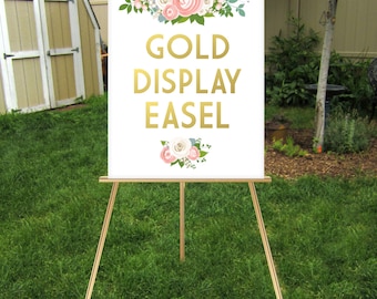 GOLD Easel . Wood Wedding Sign Floor Stand Display Large Lightweight Foam Board, Canvas, Wood Sign Holds 18 x 24 to 24 x 36 . Hand Painted