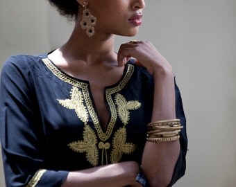 Short Black Moroccan Caftan, Gold Embroidery, Moroccan Kaftan Dress, Tunic Dress, Hippie Ethnic Woman's Dress, Boho Short Black Caftan
