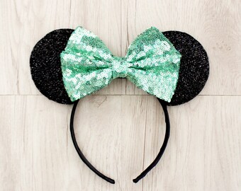 Minnie Mouse Ears, Mickey Mouse Ears, Minnie Ears, Mickey Ears, Disney Ears, Mint Green Sequin Bow, Disneyland Ears, Green Disneyland Ears