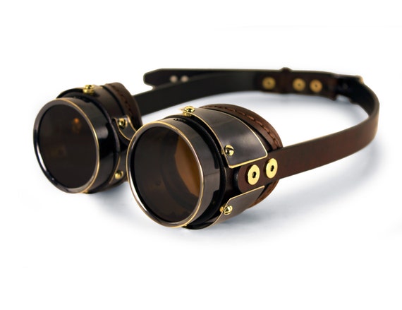 Steampunk Goggles Dark Brown Leather Blackened Brass Quad