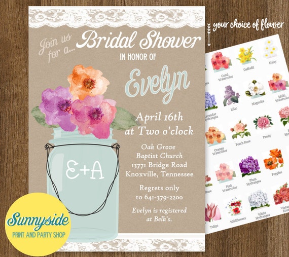 Mason Jar Bridal Shower Invitation with Lace, Rustic Country Wedding Shower Invite, printable or printed, you choose flower! Il_570xn
