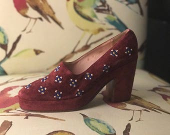 Edouard Jerrold Vintage 70s Platform Shoe. Oxblood Suede Dress Shoe Size 7. Mod Mary Quant High Heel. Greek Burgundy Embroidered Pump 37 38