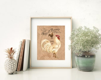 French Country Rooster - Art Print, Rooster Kitchen Decor, French Country Farmhouse Kitchen Decor, Dining Room Art, French Roosters Art