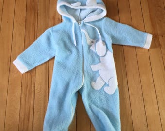 Vintage 1980s Baby Infant Boys Blue Fleece Elephant Sleeper! Size 6-9 months