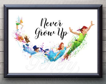 Disney Peter Pan Never Grow Up Quote Watercolor Art Poster Print - Wall Decor - Artwork- Painting - Illustration -Kids Decor - Nursery Decor