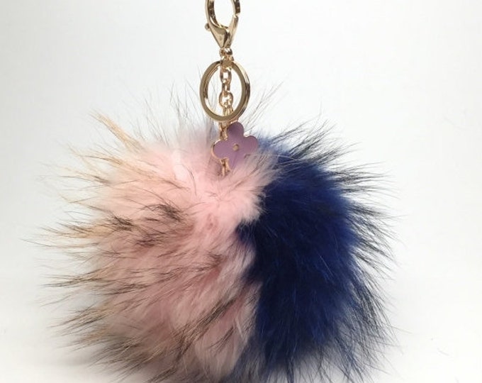 Grand Duo Pale Pink/Royal Blue Raccoon Fur Pom Pom luxury bag pendant flower clover charm keychain bag charm