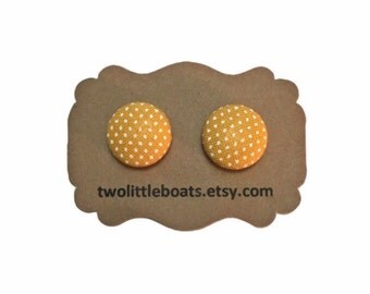 Mustard yellow polka dot fabric covered button earrings, nickel free stud earrings, boho chic gypsy style