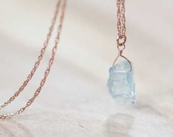 Raw Aquamarine Necklace on Rope Chain, Sterling Silver or Rose Gold Filled Rope Chain, March Birthstone, Rough Aquamarine Pendant, Oxidized