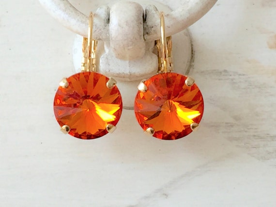 Orange Crystal Dangle Earrings, Swarovski Tangerine Earrings, Tangerine Crystal Leverback Earrings, Swarovski Orange Crystal Earrings