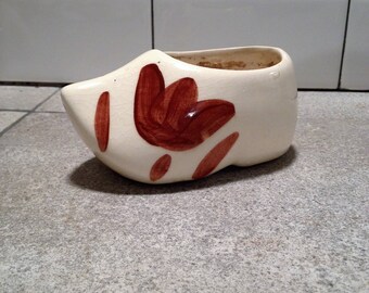 Vintage Tulip Wooden Shaped Ceramic Pottery Planter Dutch Holland Farmhouse Decor