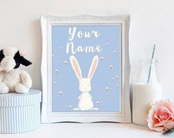 Rabbit nursery wall art blue peach room boy girl custom name baby gift personalised white rabbit print modern childs room decor