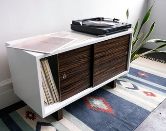 Record Player Stand and Media Console - White Lacquer with Sliding Doors and Wood Feet - Mid Century inspired