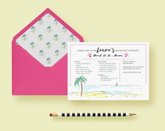 Beach Bachelorette Invitation, Party Invite, Bachelorette Weekend, Weekend Itinerary—Tropical, Palm Tree—Printable or Printed, FREE SHIPPING
