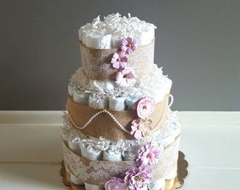 Diaper Cake/ Rustic Shabby Chic Diaper Cake/ It's A Girl Diaper Cake/ Pink & Burlap Diaper Cake/ Baby Shower Decor Centerpiece/ Pearls