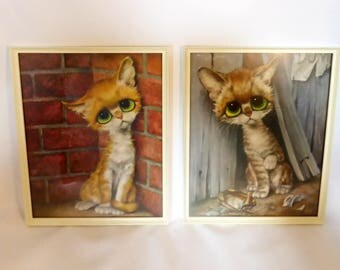 Pair of Gig Pity Kitty kitsch pictures – original from the 1960s