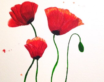 Red Poppy Original Watercolor Painting, Flower painting, Red Flowers, Wall Art, Red and White, Poppy Flower, Poppy Flowers, 8x10