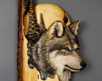Wolf Carved on Wood Wood Carving with Bark Hand Made Gift Wall Hanging for the Wolves lovers Rustic OOAK Gift for a Hunter Cabin Deco