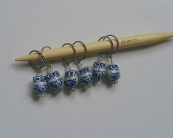 Blue and Cream Owl Stitch Markers - set of 6