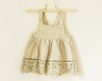 Sage Green Linen Baby Dress, Linen Baby Clothes, Neutral Baby Clothes, Lace Baby Clothes, Infant Dress, Sitter Outfit, 12 Month Baby Dress