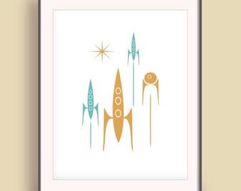 1960s poster, Mid century modern, MCM art, Retro decor, Rocket, Spacehip, Retro modern, Abstract retro, Mad Men era, 60s, Sci-fi