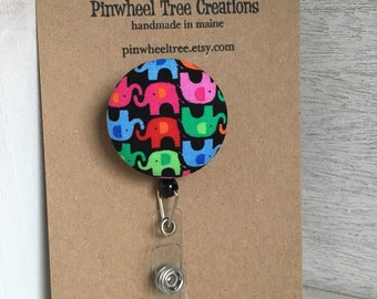 Elephant Badge Reel, Retractable Badge Holder, Elephants Fabric Swivel ID Name Holder, Student Nurse Teacher Coach Gift