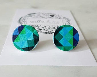 Wooden blues and greens triangle disc earrings