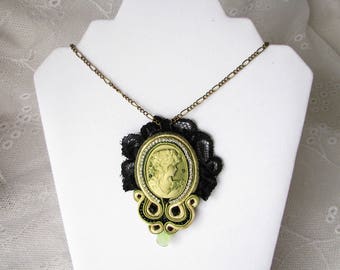 Cameo Necklace Best Gift for her Mother gift Cameo Pendant Soutache Necklace Black Necklace Black Pendant Victorian Necklace Green pendant