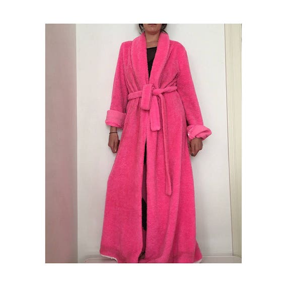 Vintage Pink Furry Robe Retro Plush Long Maxi Pile Robe with