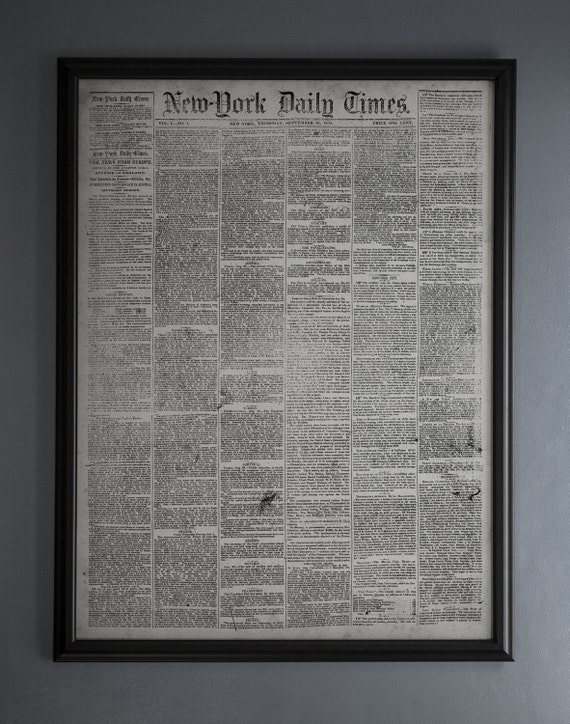 New York Times Newspaper First Issue Reproduction: Unframed