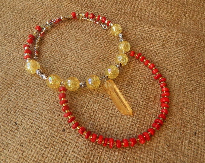 Natural red coral necklace, quartz necklace, crystal necklace, ethnic tribal boho necklace, designer bohemian necklace, festival jewelry