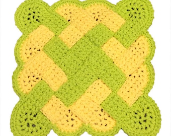 Yellow and Green Pot Holder, Kitchen Hot Pad, Crochet Woven Potholder, Crochet Hot Pad, Hotpad, Potholder