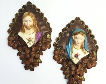 Vintage Sacred Heart Chalkware Mary and Jesus Christ Bust Wall Mount Decor Kitsch