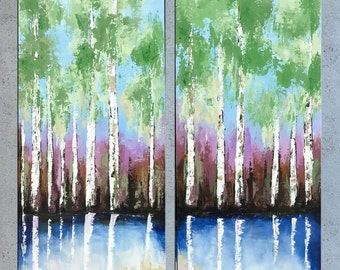 Birch Tree Painting, Abstract Palette knife Landscape, Acrylic Impasto, Contemporary Aspen Forest Painting, Modern wall art Home Decor.
