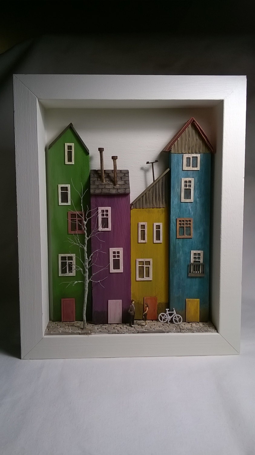 Framed Miniature Wood Houses Diorama