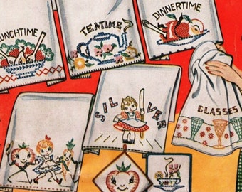 Vintage Tea Towel Embroidery Pattern DIANE 127 PDF Instant Download Mid Century Kitchen Kitschy Kitchen Towel Set 7 Dish Towels Retro Towels