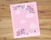 Printable Pink Unicorn Stationary - whimsical fantasy stationary sweet dessert pastel paper cute gift for her horn horse design pretty pony