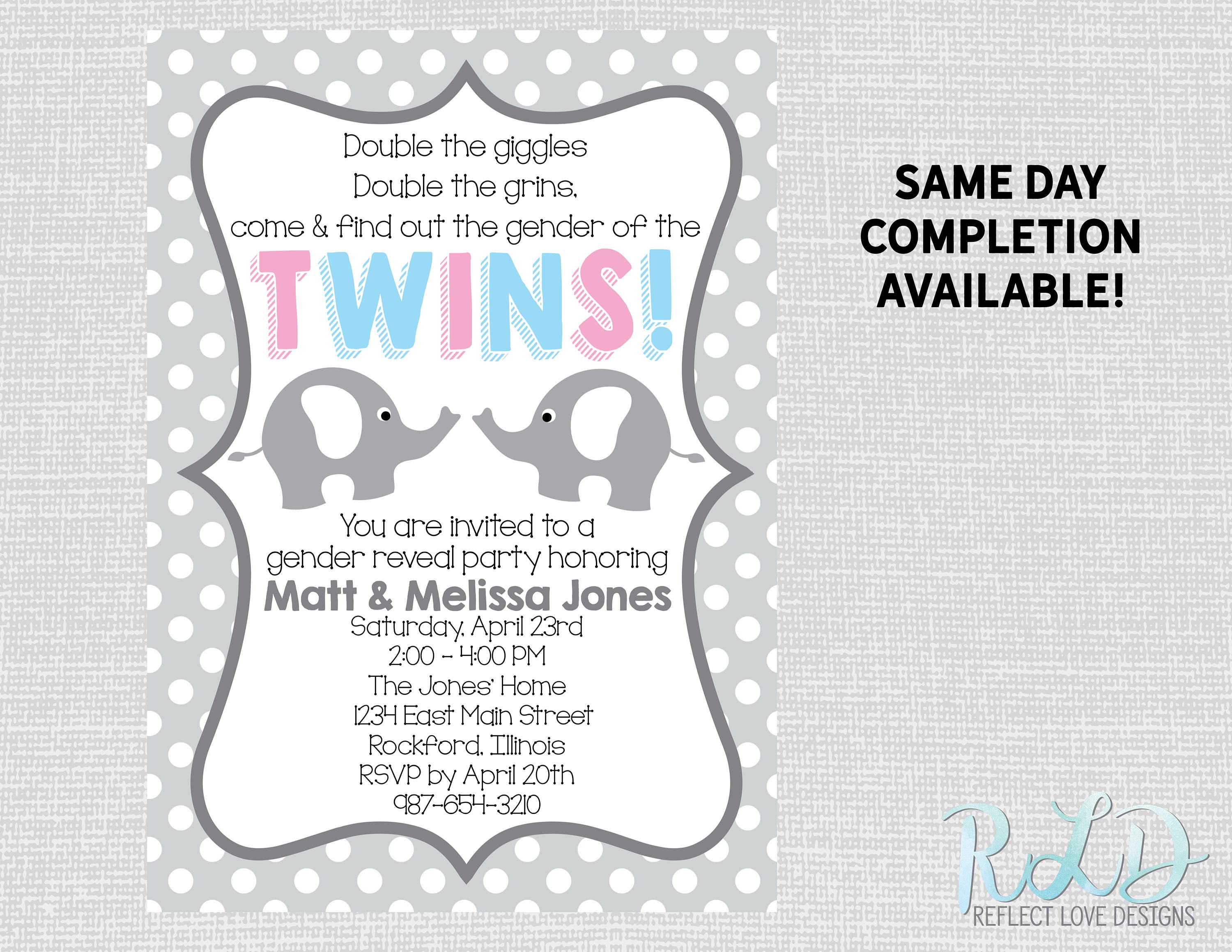 Twin Gender Reveal Party Invitation Gray Polka Dots And