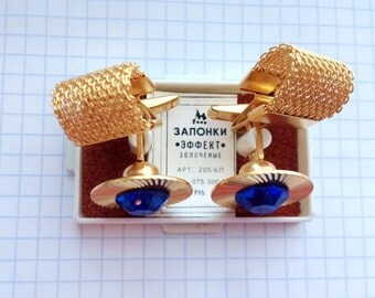Blue stones russian vintage cufflinks, soviet gilded gold-plated Cuff Links "Effect"