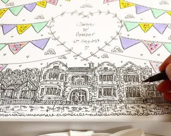 Wedding Keepsake Box. Hand Illustrated. Bunting and Wedding Venue. Summer Wedding. Memory Box.