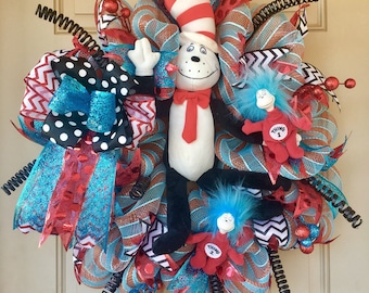 Dr. Seuss Cat in the Hat with Thing 1 and Thing 2, Fun-filled Wreath--Only 1 in stock and Ready to Ship!