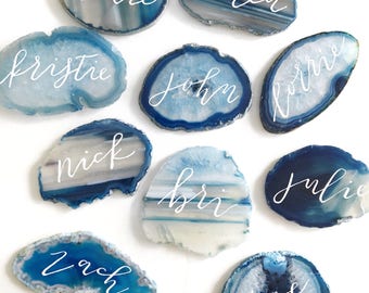 Blue agate place cards, Wedding place cards, Geode slices, Place cards, Agate slices, Agate calligraphy, Wedding calligraphy