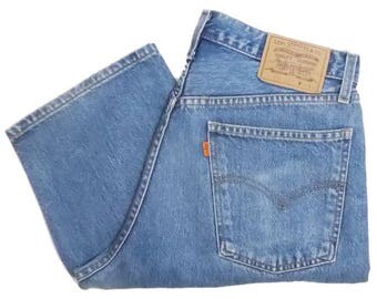 Vintage Levis 618 Mens Jeans 90s Orange Tab Button Fly Stonewash Blue Denim High Waist W35 L30