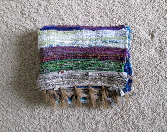 Colorful Woven Rag Rug / Small Throw Rug / Area Rug / Kitchen Rug / Entryway Rug / Mudroom Rug / Bath Mat / Teal, Purple, Green, Gray