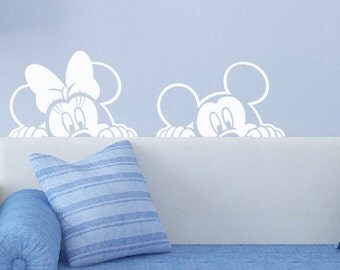 Mickey Minnie Mouse Decal, Sticker, Peeking, Wall Art, Vinyl Decal, Mural, Disney Nursery, Kid's Room, Bedroom, Playroom