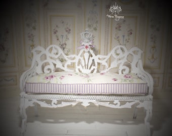 Dollhouse Miniature Shabby Chic Furniture, 1:12, Sofa, Ornate Scrolled Wood Details, Floral and Lilac Stripe Fabric, Whimsical, Shabby Crown