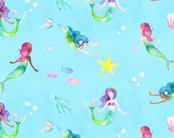 SWIM Fabric: Watercolor Mermaids UV 50+ Swim Fabric. Sold by the 1/2 yard