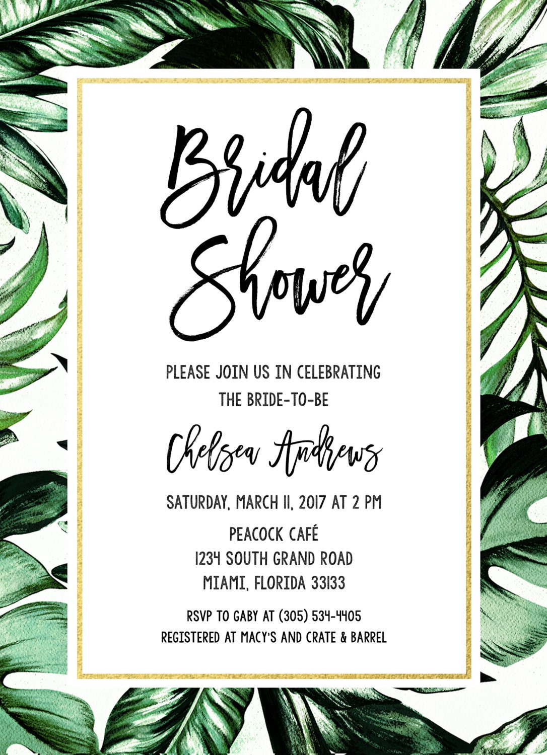 Tropical Bridal Shower Invitation, Tropical Invitation, Palm Tree Leaf