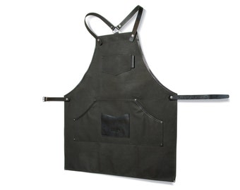 SALE 20% Dark grey waxed canvas and leather apron / Work apron / Mens apron / Craftsman's apron / Barber's apron / Mens gift / Gift for him